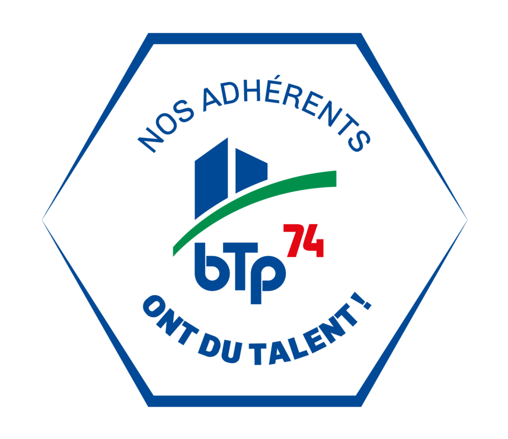Logo BTP 74 et slogan "nos adhérents ont du talent"